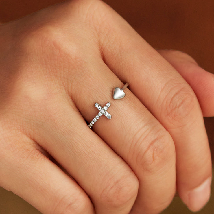 Faith Over Fear Cross & Heart Ring